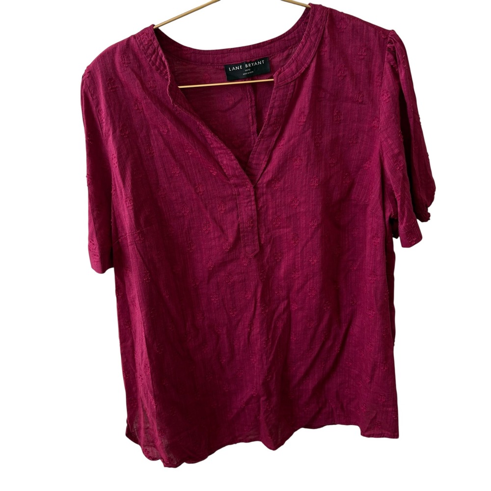 Lane Bryant Womens Top Burgundy Embroidered V Neck Short‎ Sleeve Blouse